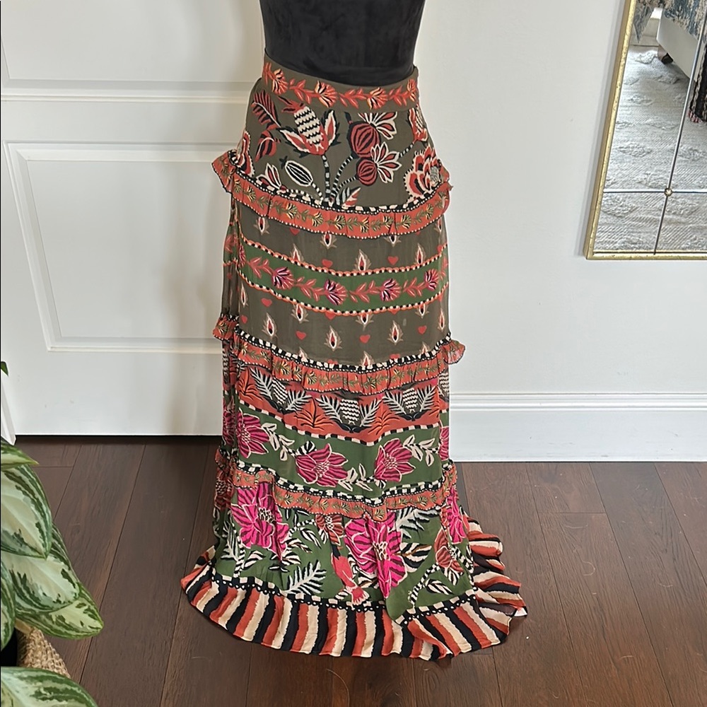 Farm Rio Embellished Brown and Green Maxi A-Line Skirt